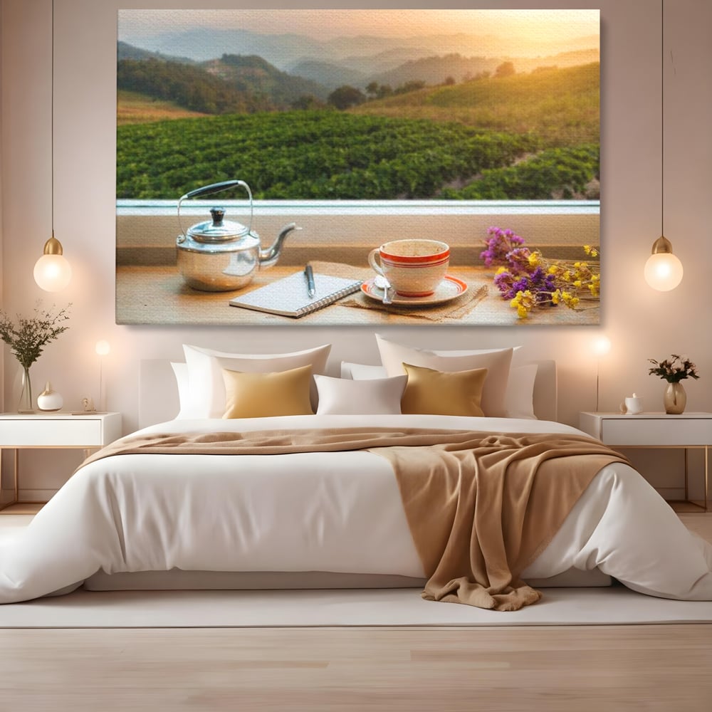Tablou canvas cu tablou canvas cu peisaj matinal si ceainic pe pervaz, fara rama, pe sasiu de lemn, pe perete intr-un dormitor
